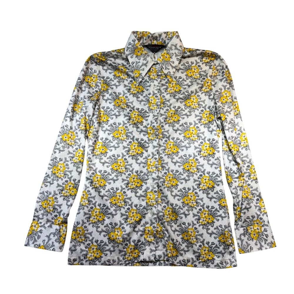 Vintage 1970s Yellow Floral Button Up Shirt Long Sleeve Pointed Collar Russ L